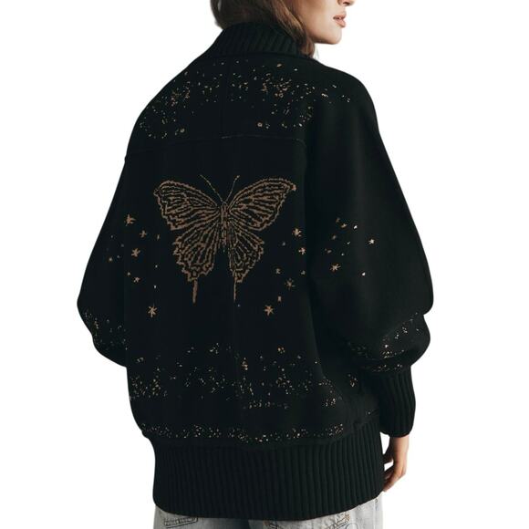 Anthropologie Sweaters - Anthropologie Collared V-Neck Butterfly Cardigan in Black & Gold Size Large New